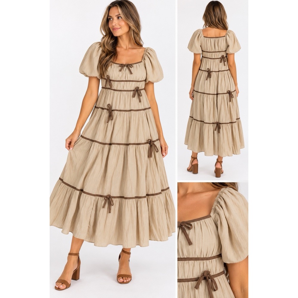 Landry Kate Storia Dress Womens S Beige Brown Bow Tiered Maxi Cottagecore NWT